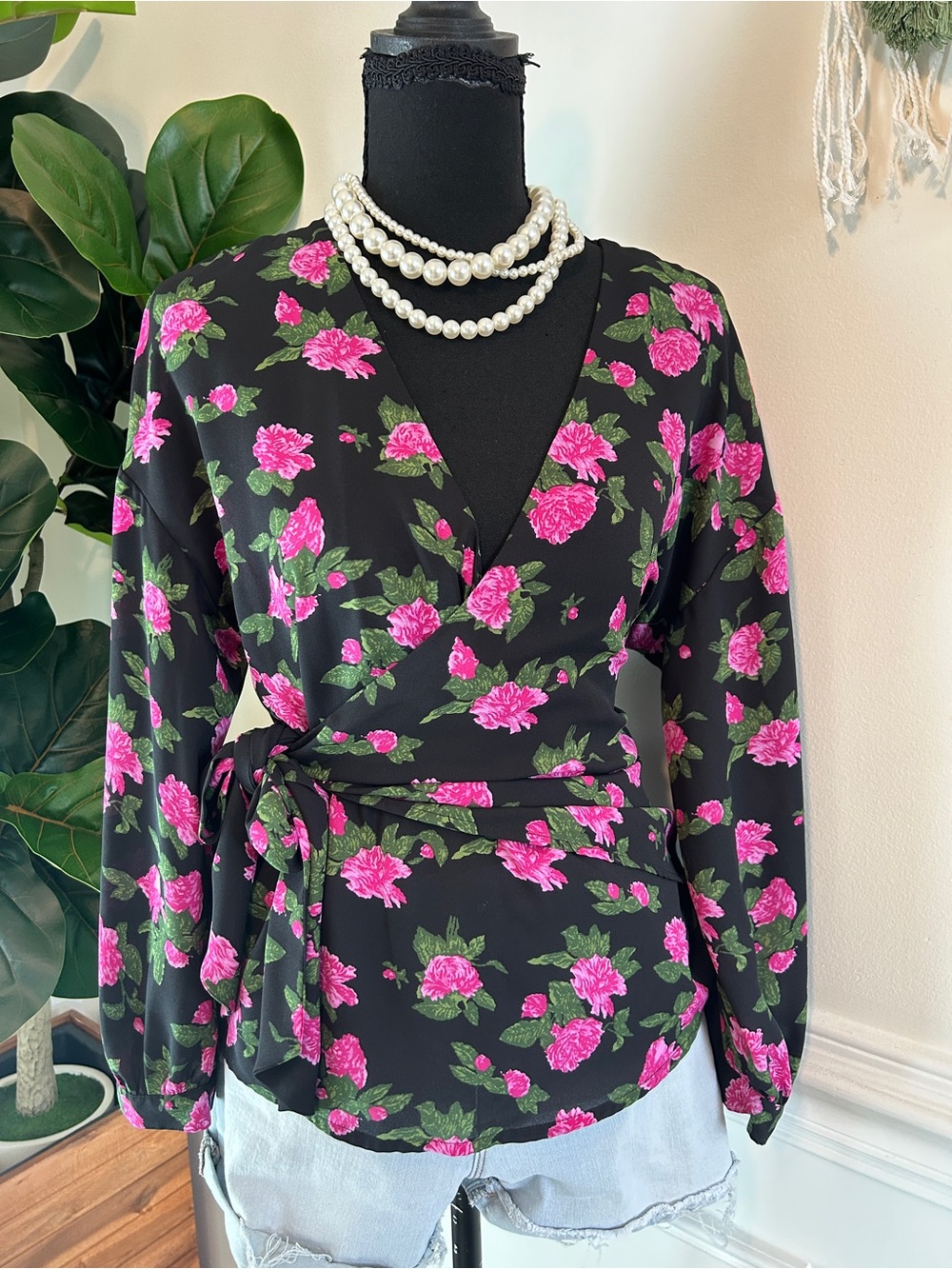 Women’s Black Floral Wrap Top with Pink Roses